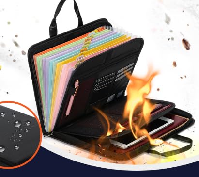 Feuerfeste Dokumententasche mit Griff, Schreibmappe A4 & Konferenzmappe A4, 13-Fach Akkordeon-Design, Feuerfest, Reißverschluss, Transparent, Schwarz (36,5 × 26,5 × 4,8 cm) von LURICO