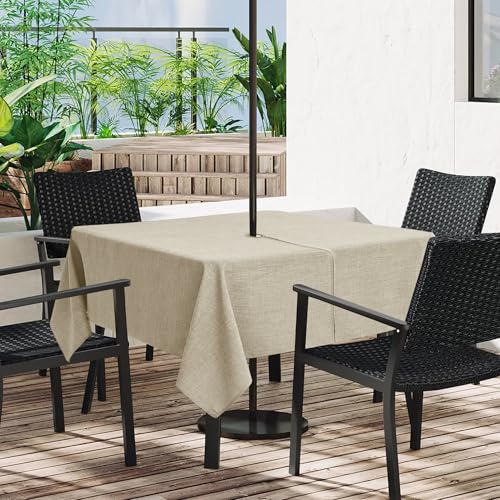 LUSHVIDA Outdoor-Tischdecke mit Schirmloch, Terrassentischdecke mit Reißverschluss, quadratisch, 152,4 x 152,4 cm, Naturleinen-Tischdecke, wasserabweisend, für Picknick im Freien von LUSHVIDA