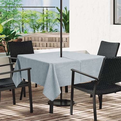 LUSHVIDA Outdoor-Tischdecke mit Schirmloch, Terrassentischdecke mit Reißverschluss, quadratisch, 152,4 x 152,4 cm, hellgraue Tischdecke aus Kunstleinen, wasserabweisend, für Picknick im Freien von LUSHVIDA