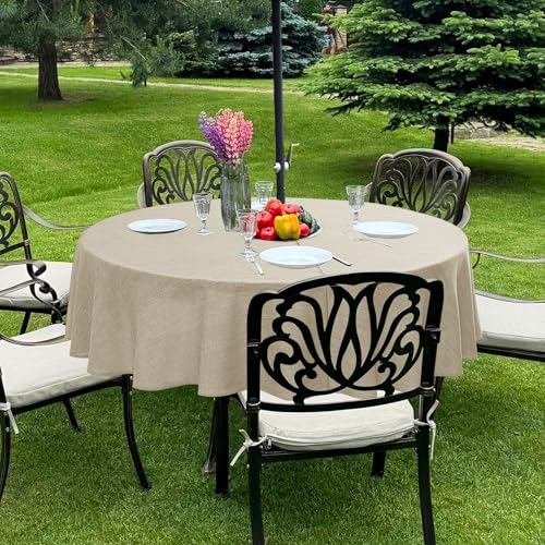 LUSHVIDA Outdoor-Tischdecke mit Schirmloch – Terrassentischdecke mit Reißverschluss, rund, 152,4 cm, Naturleinen-Tischdecke, wasserabweisend, für Picknick im Freien von LUSHVIDA