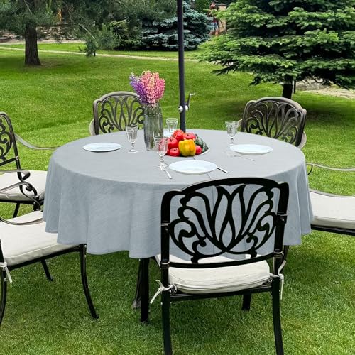LUSHVIDA Outdoor-Tischdecke mit Schirmloch – Terrassentischdecke mit Reißverschluss, rund, 152,4 cm, hellgrau, Kunstleinen-Tischdecke, wasserabweisend, für Picknick im Freien von LUSHVIDA