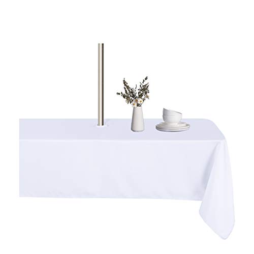 LUSHVIDA Tischdecke für den Innen- und Außenbereich, waschbar, wasserdicht, knitterfrei, mit Reißverschluss und Regenschirmloch für Frühling, Sommer, Terrasse (rechteckig 152.4 x 213.4 cm, weiß) von LUSHVIDA