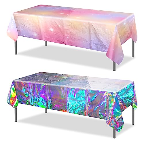 2St Tischdecke Regenbogen Pastell und Eine Glänzende Tischdecke, 137x274cm Abwaschbar Kunststoff Rechteckig Schillernde Tischdecke Holografische Folien Tischdecke für Party Dekoration von LUTER