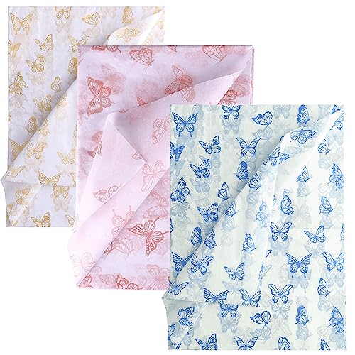 45 Stück Schmetterling Geschenkpapier Seidenpapier, 35x50cm Gold Rosegold Blau Seidenpapier zum Verpacken für Weihnachten Hochzeit Geburtstagsfeier Babypartys Heimwerken Kunst (Weiß Hintergrund) von LUTER