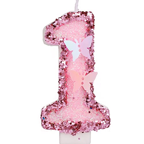 7,5cm Geburtstag Nummer Kerzen, Glitzernde Zahlenkerze Rosa Zahlenkerzen Kuchenaufsatz Schmetterlings-Geburtstagskerzen mit Pailletten für Jubiläumsfeiern (Nummer 1) von LUTER