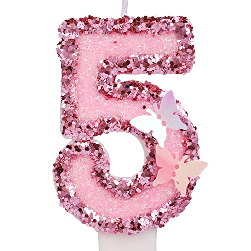 7,5cm Geburtstag Nummer Kerzen, Glitzernde Zahlenkerze Rosa Zahlenkerzen Kuchenaufsatz Schmetterlings-Geburtstagskerzen mit Pailletten für Jubiläumsfeiern (Nummer 5) von LUTER