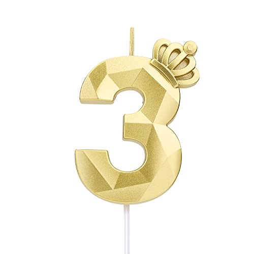 7,9 cm zahlen geburtstagskerzen, 3D-Zahlenkerze, mit Krone Große Kuchenkerzen Geburtstagskerzen Nummer Kuchenaufsatzkerze für Hochzeit Geburtstagsparty-Dekoration Feier (Gold,3) von LUTER