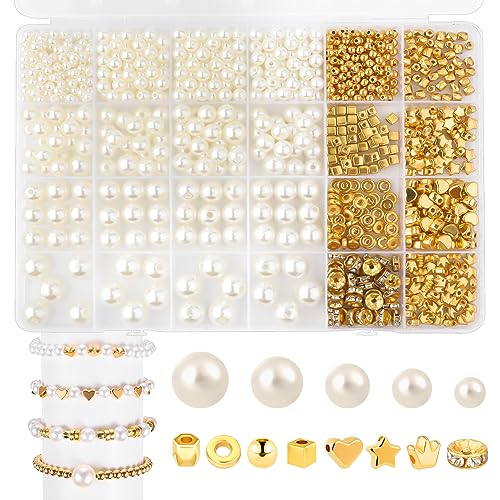 970 Stck Armband Perlen Set, Zwei Arten Perlen für Schmuckherstellung mit Löchern Einschließlich 520 Perlen und 450 Goldenen Abstandsperlen für die Herstellung von Armbändern und Halsketten von LUTER