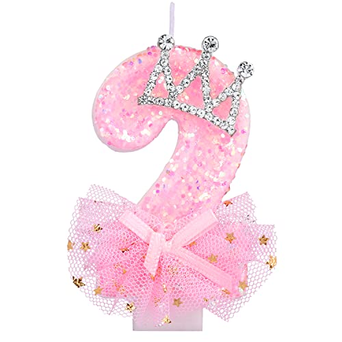 Geburtstag Nummer Kerzen, 7,5cm Kronenschleifen-Netzkerze Glitzernde Rosa Zahlenkerzen Tortenaufsatz Geburtstagskerzen Nummer mit Pailletten für Jubiläumsfeiern (Zahl 2) von LUTER