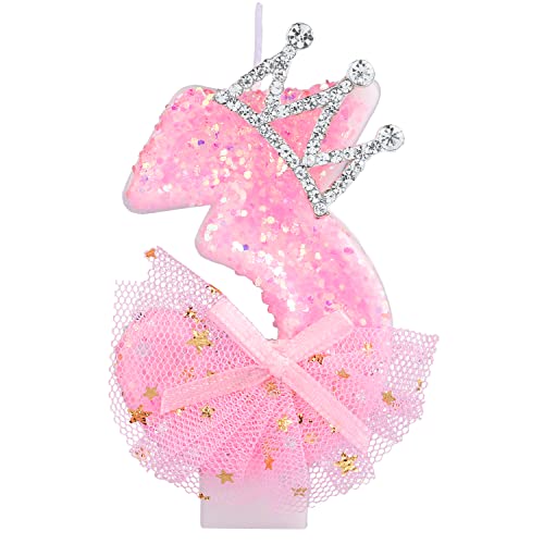 Geburtstag Nummer Kerzen, 7,5cm Kronenschleifen-Netzkerze Glitzernde Rosa Zahlenkerzen Tortenaufsatz Geburtstagskerzen Nummer mit Pailletten für Jubiläumsfeiern (Zahl 3) von LUTER