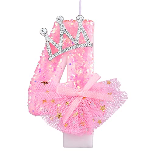 Geburtstag Nummer Kerzen, 7,5cm Kronenschleifen-Netzkerze Glitzernde Rosa Zahlenkerzen Tortenaufsatz Geburtstagskerzen Nummer mit Pailletten für Jubiläumsfeiern (Zahl 4) von LUTER