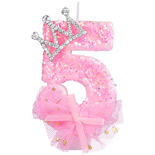 Geburtstag Nummer Kerzen, 7,5cm Kronenschleifen-Netzkerze Glitzernde Rosa Zahlenkerzen Tortenaufsatz Geburtstagskerzen Nummer mit Pailletten für Jubiläumsfeiern (Zahl 5) von LUTER