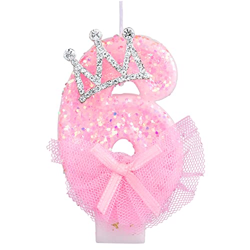 Geburtstag Nummer Kerzen, 7,5cm Kronenschleifen-Netzkerze Glitzernde Rosa Zahlenkerzen Tortenaufsatz Geburtstagskerzen Nummer mit Pailletten für Jubiläumsfeiern (Zahl 6) von LUTER