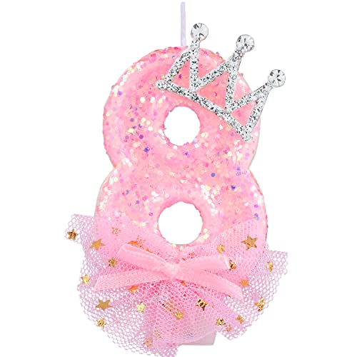 Geburtstag Nummer Kerzen, 7,5cm Kronenschleifen-Netzkerze Glitzernde Rosa Zahlenkerzen Tortenaufsatz Geburtstagskerzen Nummer mit Pailletten für Jubiläumsfeiern (Zahl 8) von LUTER