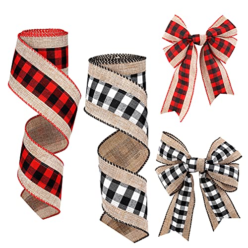 LUTER 2 Rollen 5.5m Kariertes Sackleinen Band, zum Basteln Plaid Sackleinen Band Verdrahtet Plaid Bänder Weihnachts Dekoration für DIY Basteln Landhausstil Bow-Knot (Schwarz, Rot, Weiß) von LUTER