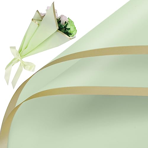 LUTER 20 Blatt Blumen Geschenkpapier, 58x58cm Blumenstrauß Geschenkpapier Wasserfest Blumen Geschenkpapier mit Goldrand für Abschlussfeier Hochzeit Valentinstag (Grün) von LUTER