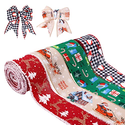 LUTER 4 Rollen Weihnachtsbänder mit Draht, 6,4cm x 6,4m Weihnachtsband Geschenkband Weihnachten für Dekoration Partyzubehör (4 Stile) von LUTER