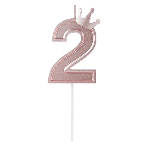 LUTER 7,5cm Zahlen Geburtstagskerzen, 3D Zahlen Geburtstagskerzen mit Kronendekor Cake Topper Zahlenkerzen für Torte Geburtstags Hochzeit Jubiläum Abschlussfeiern (Roségold, 1) (2, Roségold) von LUTER