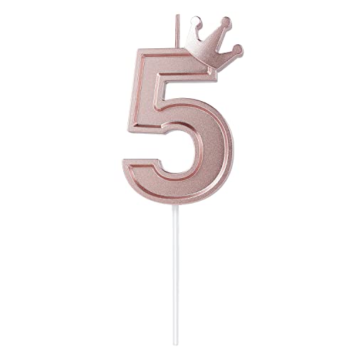LUTER 7,5cm Zahlen Geburtstagskerzen, 3D Zahlen Geburtstagskerzen mit Kronendekor Cake Topper Zahlenkerzen für Torte Geburtstags Hochzeit Jubiläum Abschlussfeiern (Roségold, 1) (5, Roségold) von LUTER