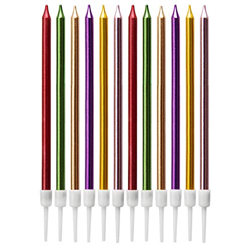 LUTER Metallische Kerze, lange Geburtstagskerzen, mit Ständer, mehrfarbig, für die Dekoration von Partys, Hochzeiten, Geburtstagen (24 Stück) von LUTER