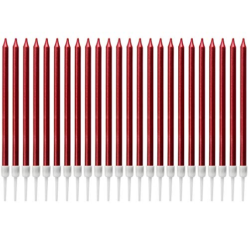LUTER Metallische Kerze, lange Kerze, Rot, Geburtstagskerzen mit Ständer, Kuchenkerzen für die Dekoration von Partys, Hochzeiten, Geburtstagen (24 Stück) von LUTER