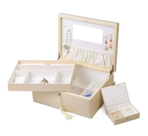 Schmuckkästen Schmuckschatulle aus Leder, abschließbare Schmuckschatulle, Organizer mit Spiegel, 2 Ebenen, Vitrine, Armbänder, Vitrine, Schmuckhalter Geschenke(Blanc) von LUTFI