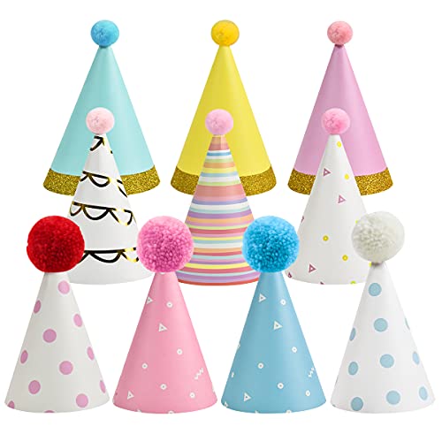 LUUFAN 10 Stück Geburtstagsparty-Hüte mit Pompons, Papier-Partyhüte, Dekoration für Erwachsene und Kinder (10 Stück) von LUUFAN
