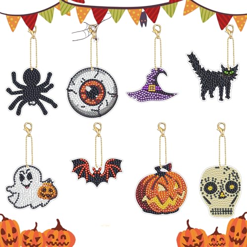 8 Pcs Halloween Diamond Painting Keychain Kit Doppelseitige Halloween Diamond Painting Anhänger Fledermaus Schädel Kürbis Geist 5D Full Drill Diamond Art Painting Schlüsselanhänger für Halloween Dekor 8 Pcs Halloween Diamond Painting Keychain Kit Doppelseitige Halloween Diamond Painting Anhänger Fledermaus Schädel Kürbis Geist 5D Full Drill Diamond Art Painting Schlüsselanhänger für Halloween Dekor von LUVDECO