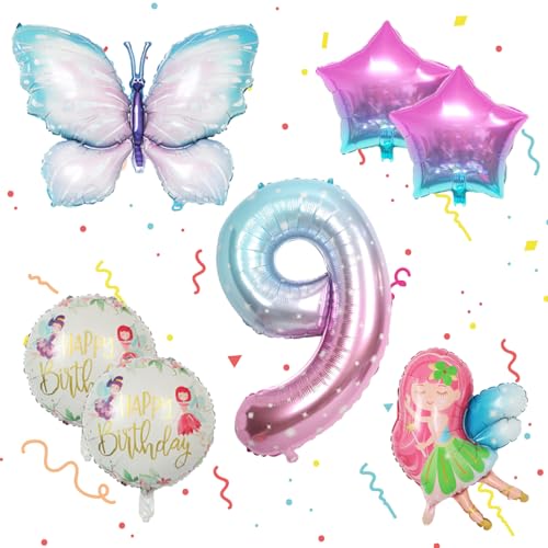 9. Geburtstag Party Luftballons Set, Regenbogen Aluminiumfolie Luftballons Dekoration, Luftballon 9., Schmetterling Luftballon, Gradient Star Ballon, 9 Jahre Mädchen Geburtstag Deko von LUVDECO