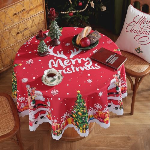 Runde Weihnachten Tischdecken 150cm wasserdichte Weihnachtstischdecke Weihnachtsbaum Zwerge Santa Tischdecke für Winter Xmas Hochzeit Party Tischdekoration (B) von LUVDECO