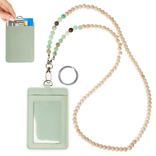 LUXXIO Schlüsselband mit Perlen und Ausweishalter, Holzkristall, Naturstein für Schlüssel, Umhängeband für Damen (Amazonit) von LUXXIO