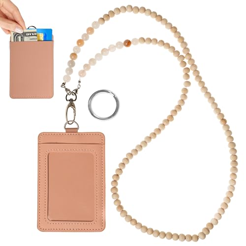 LUXXIO Schlüsselband mit Perlen und Ausweishalter, Holzkristall, Naturstein für Schlüssel, Umhängeband für Damen (rosa Aventurin) von LUXXIO