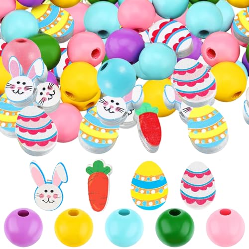 153 Stück Ostern Holz Perlen für Handwerk bunte Runde Handwerk Perle Kaninchen Ei Holz Perle für Frühling Girlande DIY Ostern Urlaub Familie DIY Handwerk liefert Party Dekorationen, mehrere Stil (B) von LUYANFX