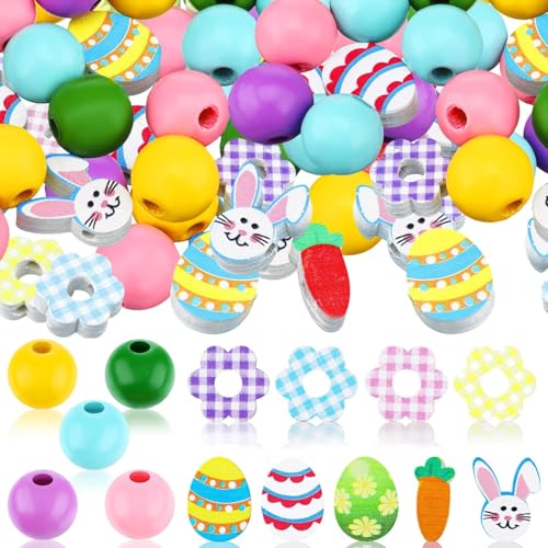 200 Stück Ostern Holz Perlen für Handwerk bunte Runde Handwerk Perle Kaninchen Ei Holz Perle für Frühling Girlande DIY Ostern Urlaub Familie DIY Handwerk liefert Party Dekorationen, mehrere Stil (A) von LUYANFX