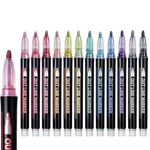 Neattidyly Markerstift für Highlight, doppelte Linien-Konturstifte, 8/12/24 Farben, super Schnörkeln, metallische Glitzerstifte, schnell trocknende Marker zum Zeichnen und Kritzeln (12 Farben) von LUYJWZN