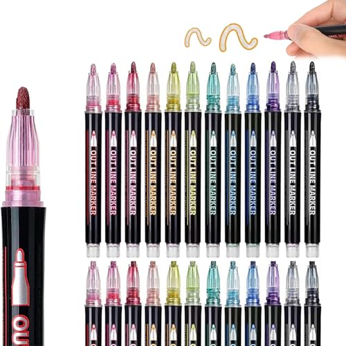 Neattidyly Markerstift für Highlight, doppelte Linien-Konturstifte, 8/12/24 Farben, super Schnörkeln, metallische Glitzerstifte, schnell trocknende Marker zum Zeichnen und Kritzeln (24 Farben) von LUYJWZN