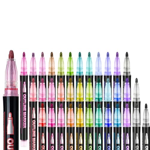 Neattidyly Markerstift für Highlight, doppelte Linien-Konturstifte, 8/12/24 Farben, super Schnörkeln, metallische Glitzerstifte, schnell trocknende Marker zum Zeichnen und Kritzeln (36 Farben) von LUYJWZN