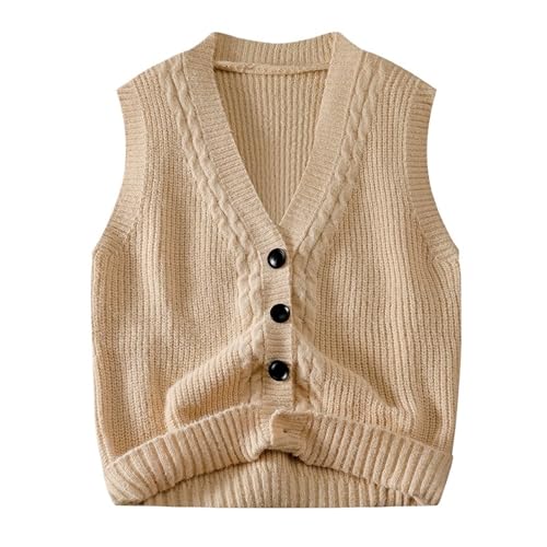 LUYSGBXR Ärmellose Weste Strickjacke, Weste, Rundhalsausschnitt, Pullover, Herbst und Winter, modisch, lockeres Muster, lässiger Strickstoff, angenehme Haut(Apricot,M) von LUYSGBXR