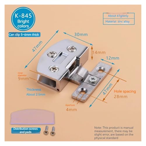 LUYSGBXR Schrank Scharniere Glastürscharnier, Schrank, Vitrine, Torklemme, stanzfrei, Weinschrank, Glasscharnier, Möbel-Hardware-Zubehör(Bright Silver,1PC) von LUYSGBXR