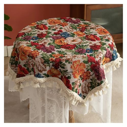 LUYSGBXR Tischdecke Rund Jacquard-garngefärbte Blumentischdecke, runde Retro-Tischdecke, Quastenbezug, staubdichte Schrankdekoration(Floral Tablecloth,140x140cm) von LUYSGBXR