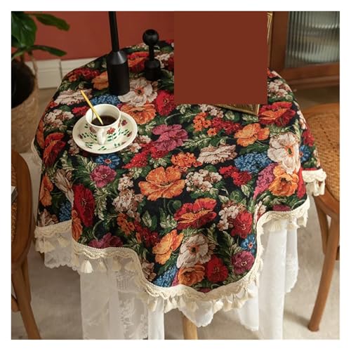 LUYSGBXR Tischdecke Rund Jacquard-garngefärbte Blumentischdecke, runde Retro-Tischdecke, Quastenbezug, staubdichte Schrankdekoration(Floral tablecloth2,140x140cm) von LUYSGBXR
