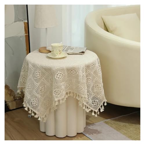LUYSGBXR Tischdecke Rund Pastorale handgemachte Häkelarbeit-Quadrat-Baumwolltischdecke-Schlafzimmer-Balkon-Korridor-Tee-Party-runder Tisch-Klavier-Abdeckungs-Tuch(Beige,140x140cm) von LUYSGBXR