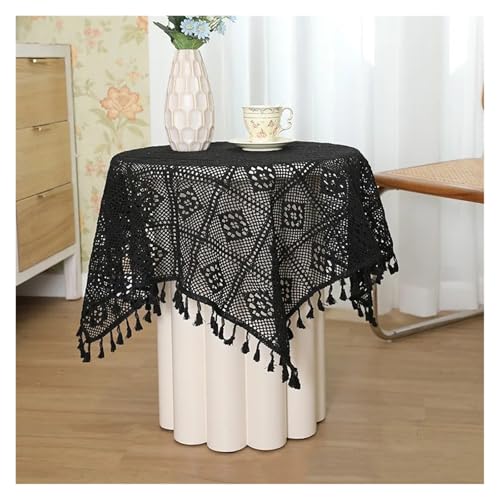 LUYSGBXR Tischdecke Rund Pastorale handgemachte Häkelarbeit-Quadrat-Baumwolltischdecke-Schlafzimmer-Balkon-Korridor-Tee-Party-runder Tisch-Klavier-Abdeckungs-Tuch(Black,180x180cm) von LUYSGBXR