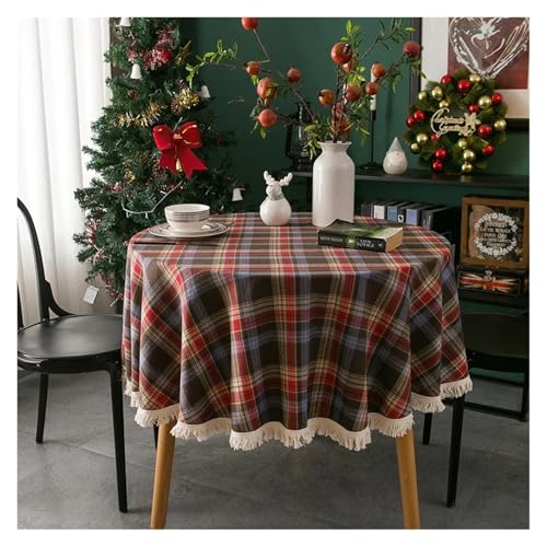 LUYSGBXR Tischdecke Rund Runde Weihnachtstischdecken im Retro-Stil, Karierter Stoff, staubdicht, waschbar, Tischdecke for Weihnachtsfeier, Innen- und Außendekoration(Brown,Diameter 120cm) von LUYSGBXR