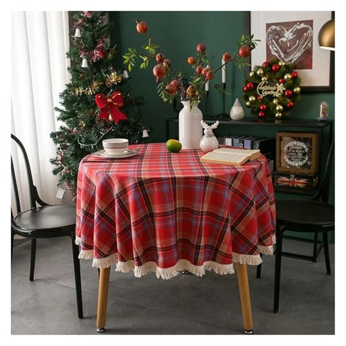 LUYSGBXR Tischdecke Rund Runde Weihnachtstischdecken im Retro-Stil, Karierter Stoff, staubdicht, waschbar, Tischdecke for Weihnachtsfeier, Innen- und Außendekoration(Red,Diameter 120cm) von LUYSGBXR