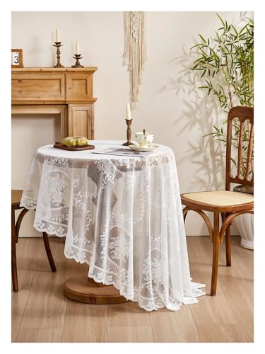 LUYSGBXR Tischdecke Rund Weiße Spitze-Tischdecke, runder Spiegel, Blumenrankenmuster, Wohnzimmer-Esstisch-Dekoration(180x180cm Round) von LUYSGBXR