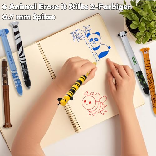 LVZONGXIN Radierbare Kugelschreiber, 6 Animal Erase it Stifte 2-Farbiger Radierbarer Gelschreiber, [BLAU + Rot]， 0.7mm Spitze, Click&Clack Stift, Ideal für Schule Büro Zuhause, Zweifarbig von LVZONGXIN