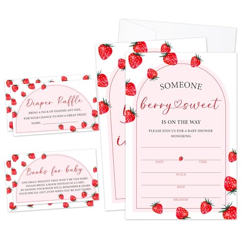 Berry & Sweet Einladungen zur Babyparty, Erdbeere und rosa Bogen zum Ausfüllen der Geschlechtsoffenbarung (25 Einladungen mit Umschlägen, 25 Dipaer-Gewinnkarten und 25 Buchanfragekarten)-06 von LWBEO