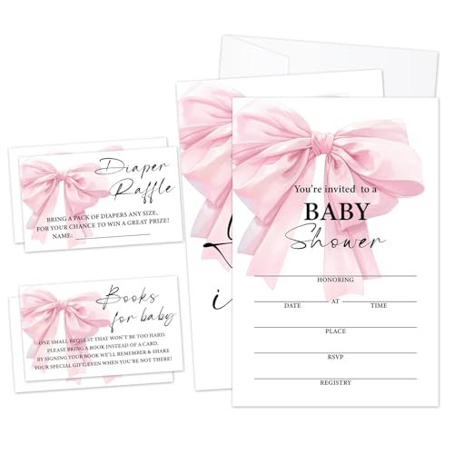 Einladungskarten für Babypartys mit rosa Schleife, zum Ausfüllen der Geschlechtsoffenbarung, Partygeschenk und Zubehör (25 Einladungen mit Umschlägen, 25 Tombola-Tickets und 25 Buchanfragekarten) 12 von LWBEO