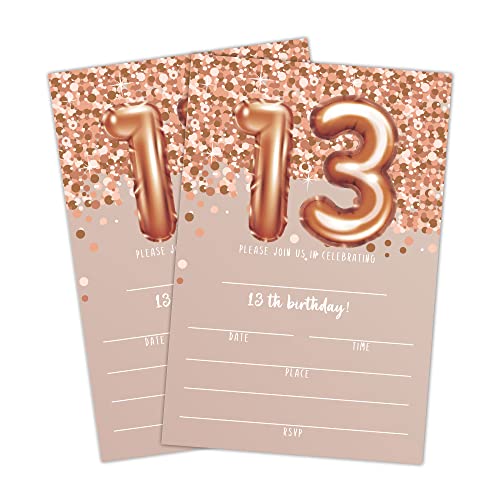 Einladungskarten zum 13. Geburtstag, Roségold, Glitzer, Party-Einladungen zum 13. Geburtstag, Party-Dekorationen, 20 Ausfüllkarten mit Umschlägen für Jungen oder Mädchen, Partyfeier – C05 Einladungskarten zum 13. Geburtstag, Roségold, Glitzer, Party-Einladungen zum 13. Geburtstag, Party-Dekorationen, 20 Ausfüllkarten mit Umschlägen für Jungen oder Mädchen, Partyfeier – C05 von LWBEO